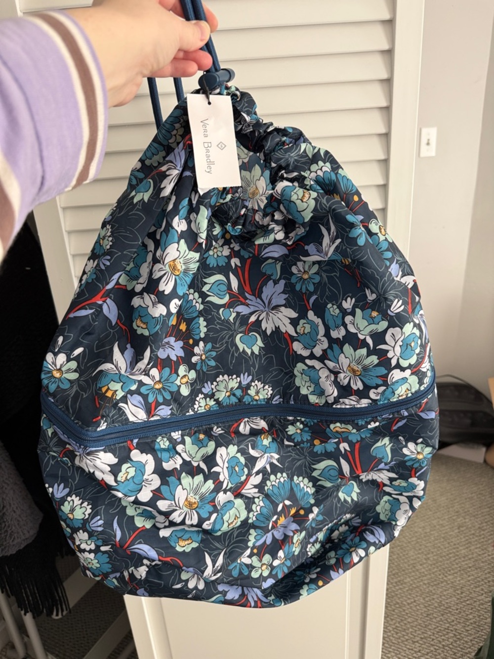 Vera Bradley Navy Floral Drawstring Travel Tote with Blue Accents